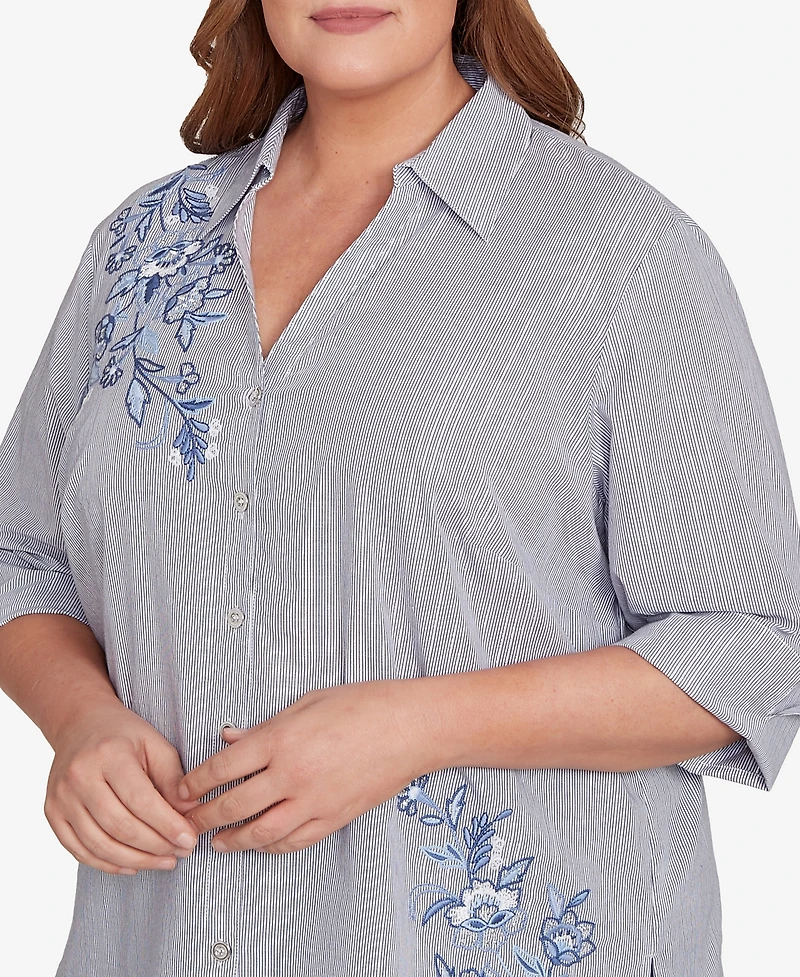 Alfred Dunner Plus Classic Diagonal Floral Metallic Stripe Button Front Top