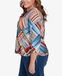 Alfred Dunner Plus Classic Stripe Patchwork Ruched Sides Top