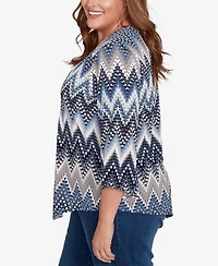 Alfred Dunner Plus Classic Puff Print Textured Chevron Crew Neck Top