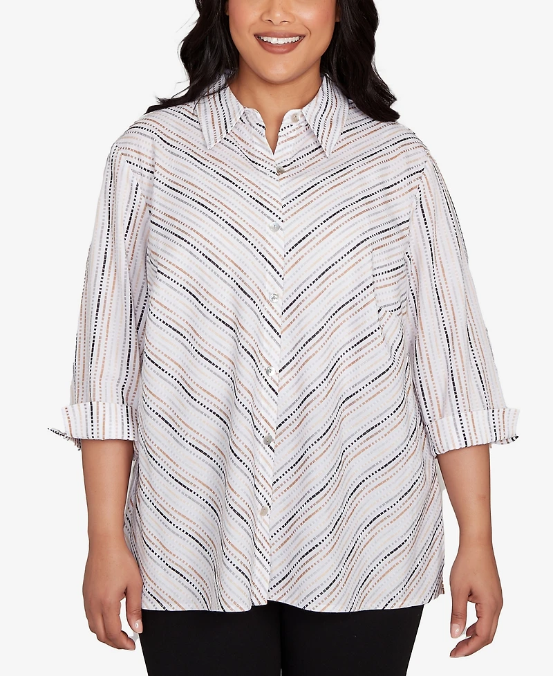 Alfred Dunner Plus Classic Mitered Textured Stripe Button Front Top