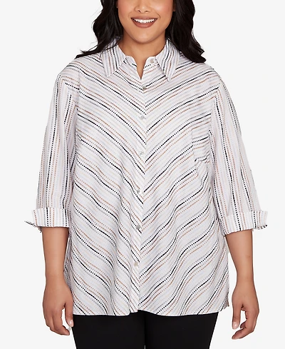 Alfred Dunner Plus Classic Mitered Textured Stripe Button Front Top