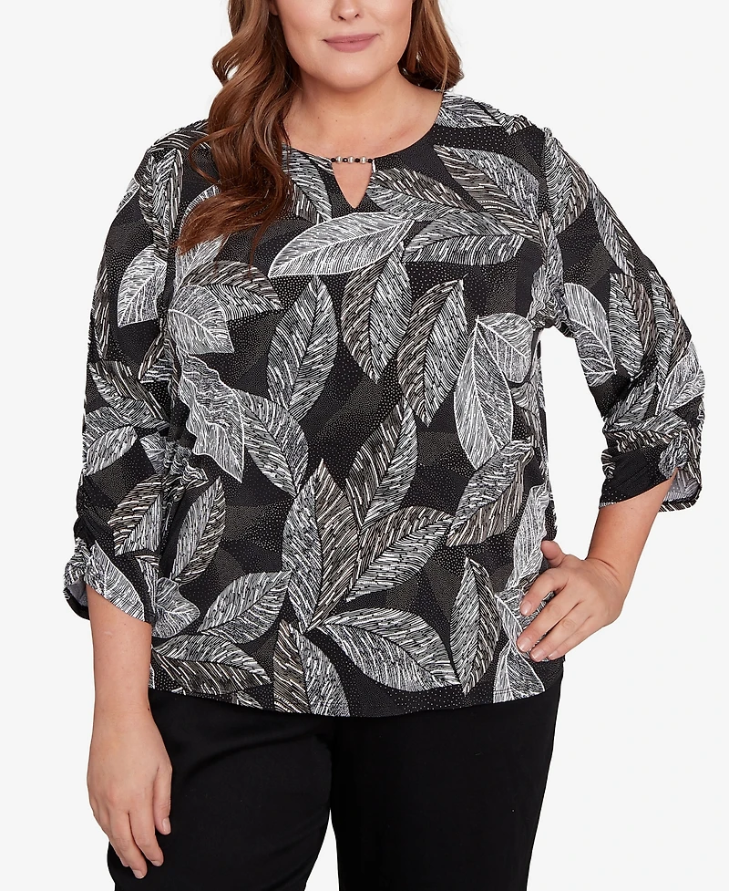 Alfred Dunner Plus Classic Puff Print Leaf Keyhole Neck Top