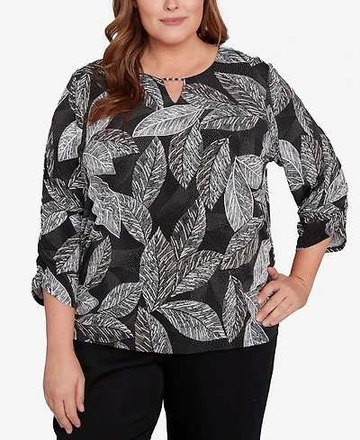 Alfred Dunner Plus Classic Puff Print Leaf Keyhole Neck Top