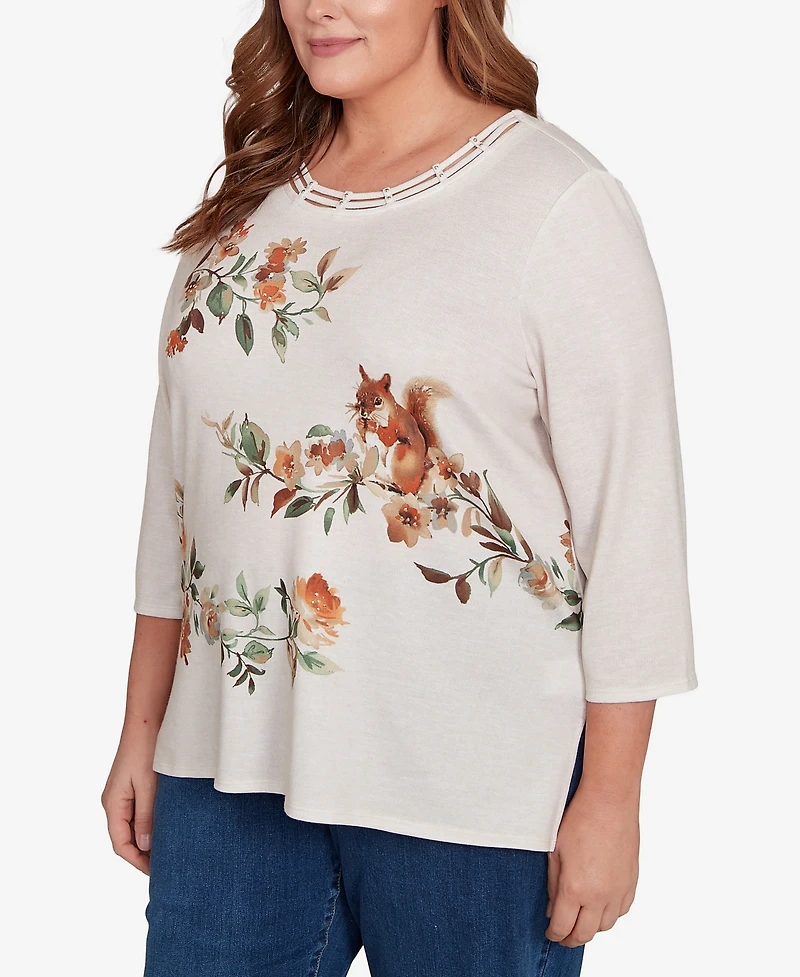 Alfred Dunner Plus Classic Floral Squirrel Harvest Top