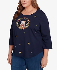 Alfred Dunner Plus Classic Owl Wreath Embroidered Top
