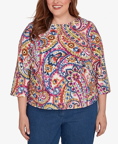 Alfred Dunner Plus Paisley Three Quarter Sleeve Top