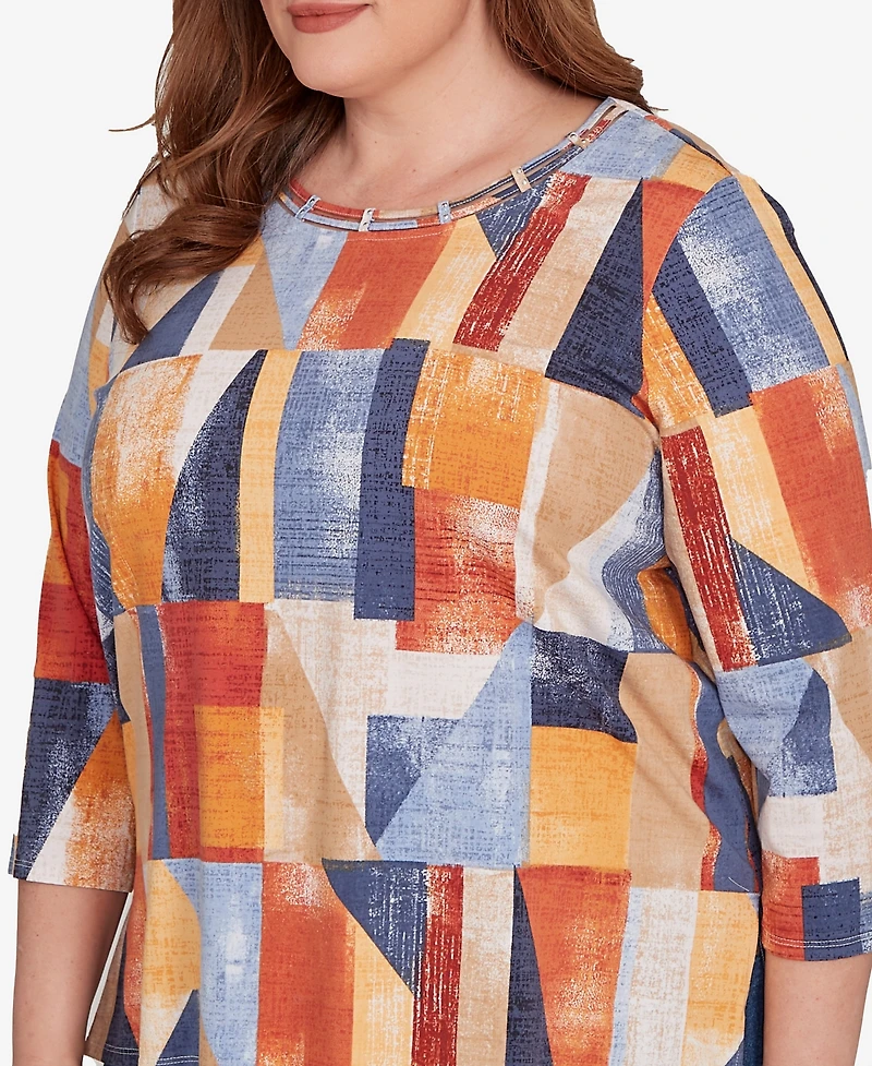 Alfred Dunner Plus Colorblock Detailed Crew Neck Top