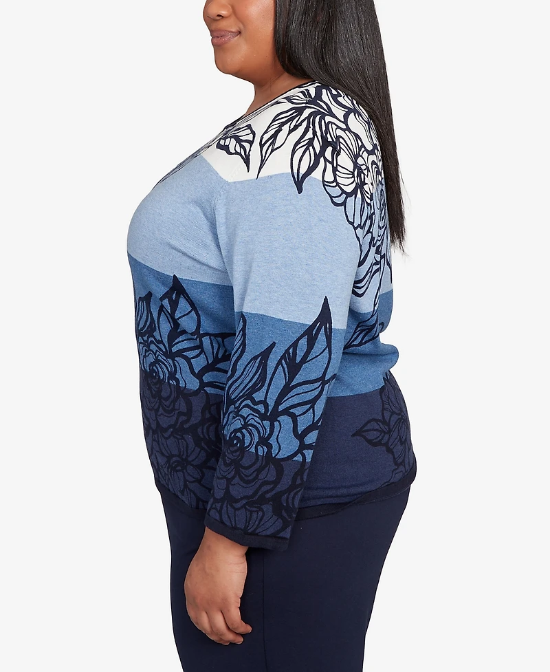 Alfred Dunner Plus Classic Ombre Floral Block Stripe Sweater