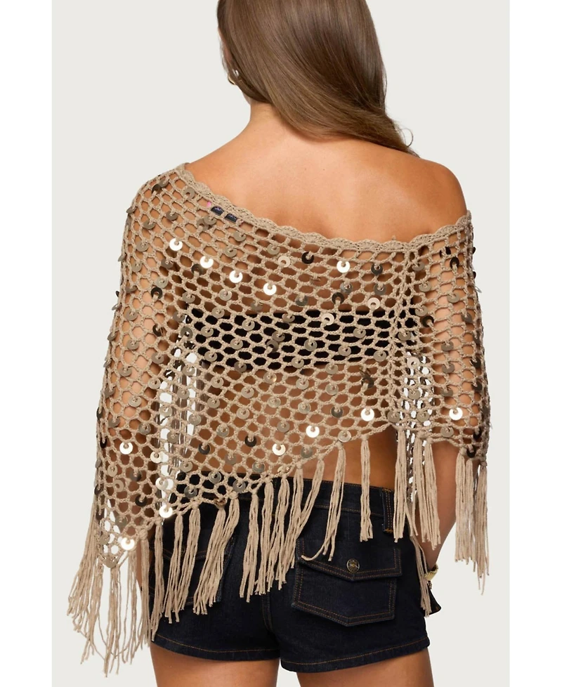 Edikted Women's Fringe Sequin Crochet Poncho