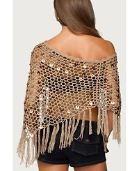 Edikted Women's Fringe Sequin Crochet Poncho