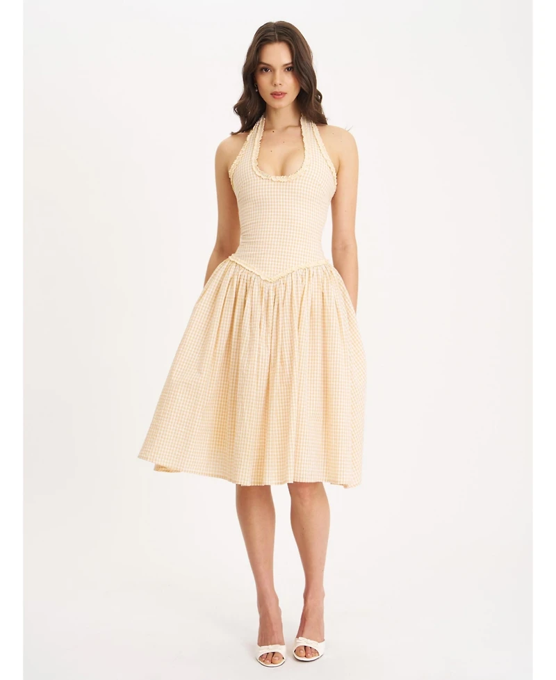Miss Circle Women's Idella Yellow Gingham U Neck Midi Dress
