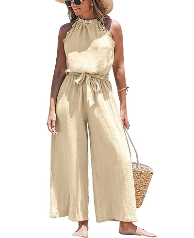 Cupshe Women's Sleeveless Ruffle Neck Wide-Leg Jumpsuit