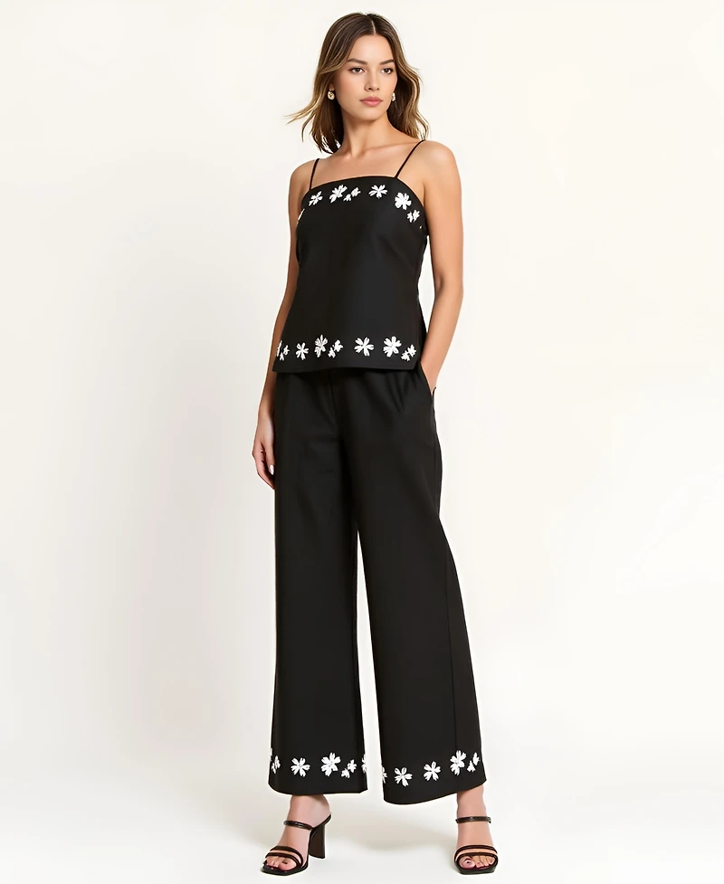 Modenaire Women's Embroidered Floral Hem Camisole and Wide-Leg Pant Set