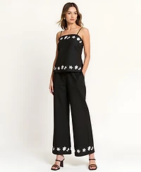 Modenaire Women's Embroidered Floral Hem Camisole and Wide-Leg Pant Set