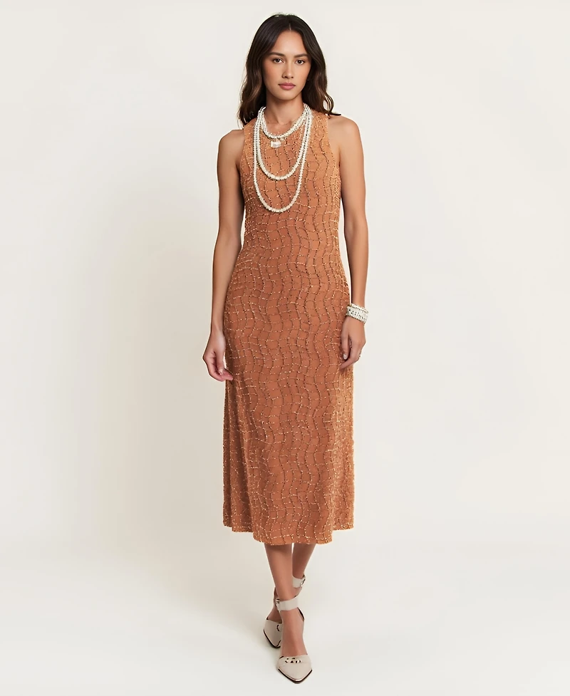 Modenaire Women's Hand-Embellished Sleeveless Mesh Sequin Midi Dress