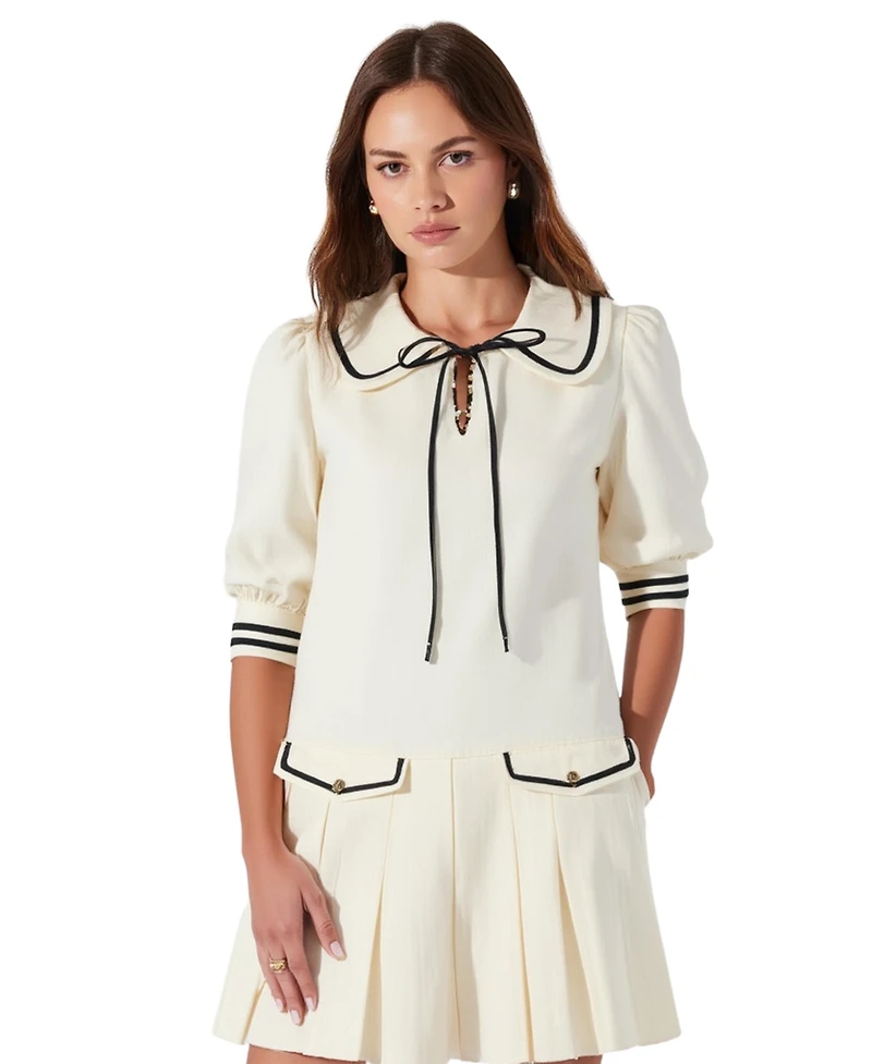 Modenaire Women's Pleated Contrast Collar Bow Tie Mini Dress