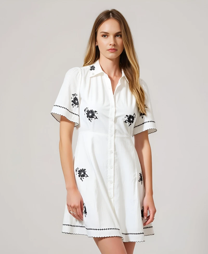 Modenaire Women's Short-Sleeve Embroidered Scalloped Shirt Dress