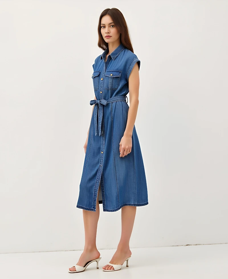 Modenaire Women's Sleeveless Button-Front Tie-Waist Midi Shirt Dress