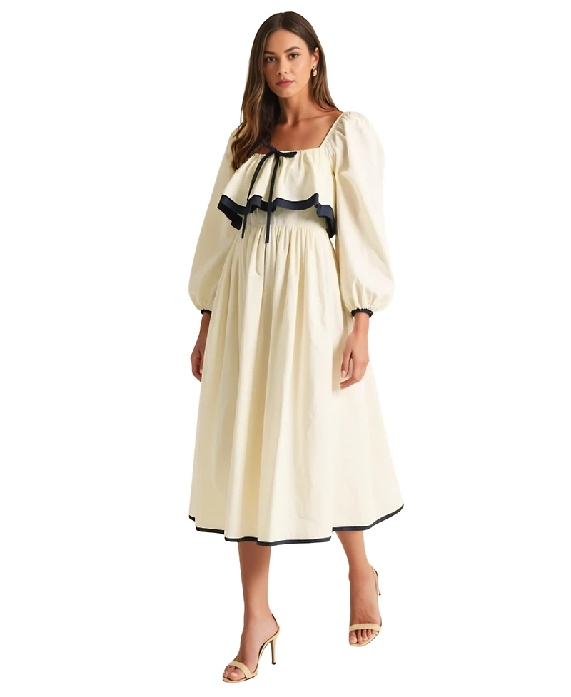 Modenaire Women's Long Sleeve Ruffle Trim Tie Front Midi Dress
