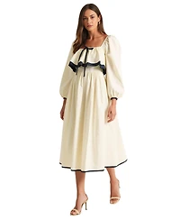 Modenaire Women's Long Sleeve Ruffle Trim Tie Front Midi Dress