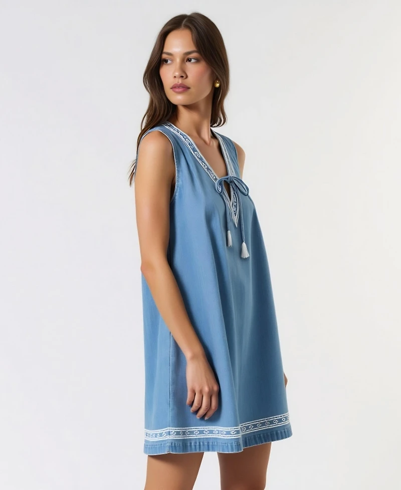 Modenaire Women's Sleeveless Embroidered Trim Tie Front Mini Dress