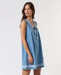 Modenaire Women's Sleeveless Embroidered Trim Tie Front Mini Dress