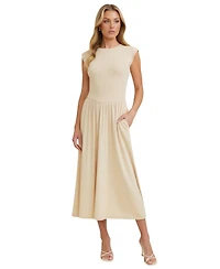 Modenaire Women's Cap Sleeve Knit Bodice Midi Dress with Pockets