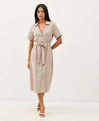 Modenaire Women's Striped Collared Waist Tie Button-Down Midi Dress