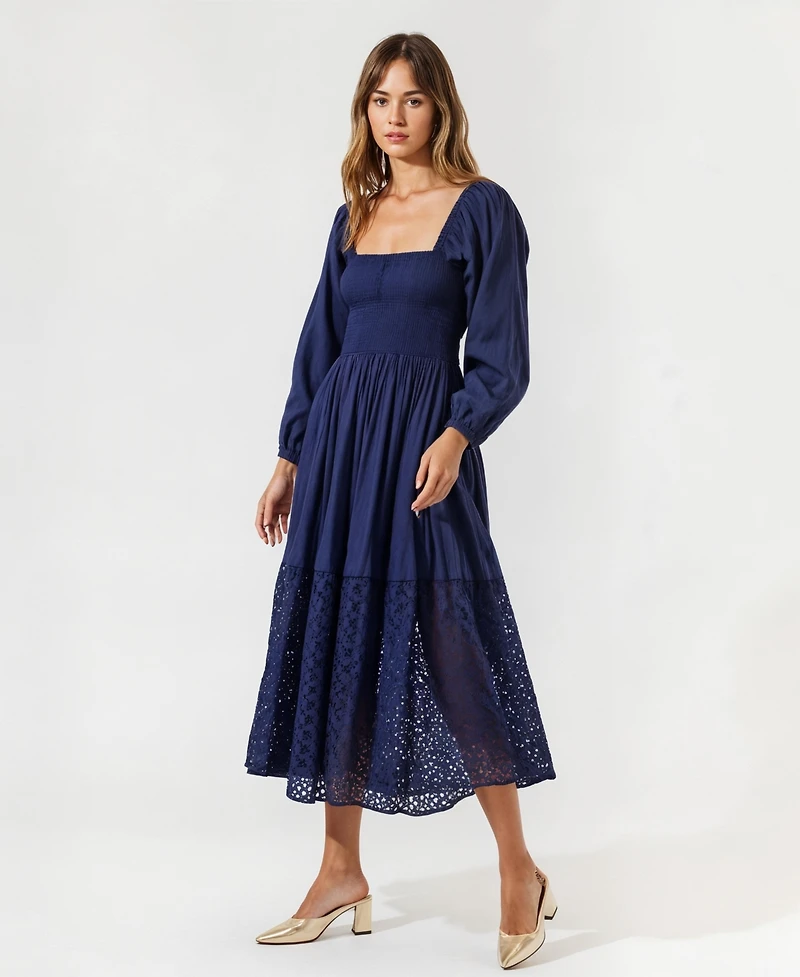Modenaire Women's Square-Neck Smocked Eyelet Hem Midi Dress