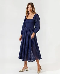Modenaire Women's Square-Neck Smocked Eyelet Hem Midi Dress