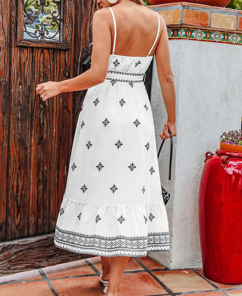 Cupshe Women's Boho Embroidered Tie-Waist Midi Dress