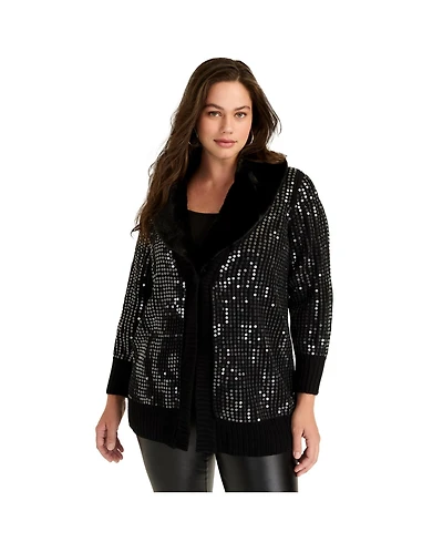 June + Vie Women's Sequin Button-Up Sweater