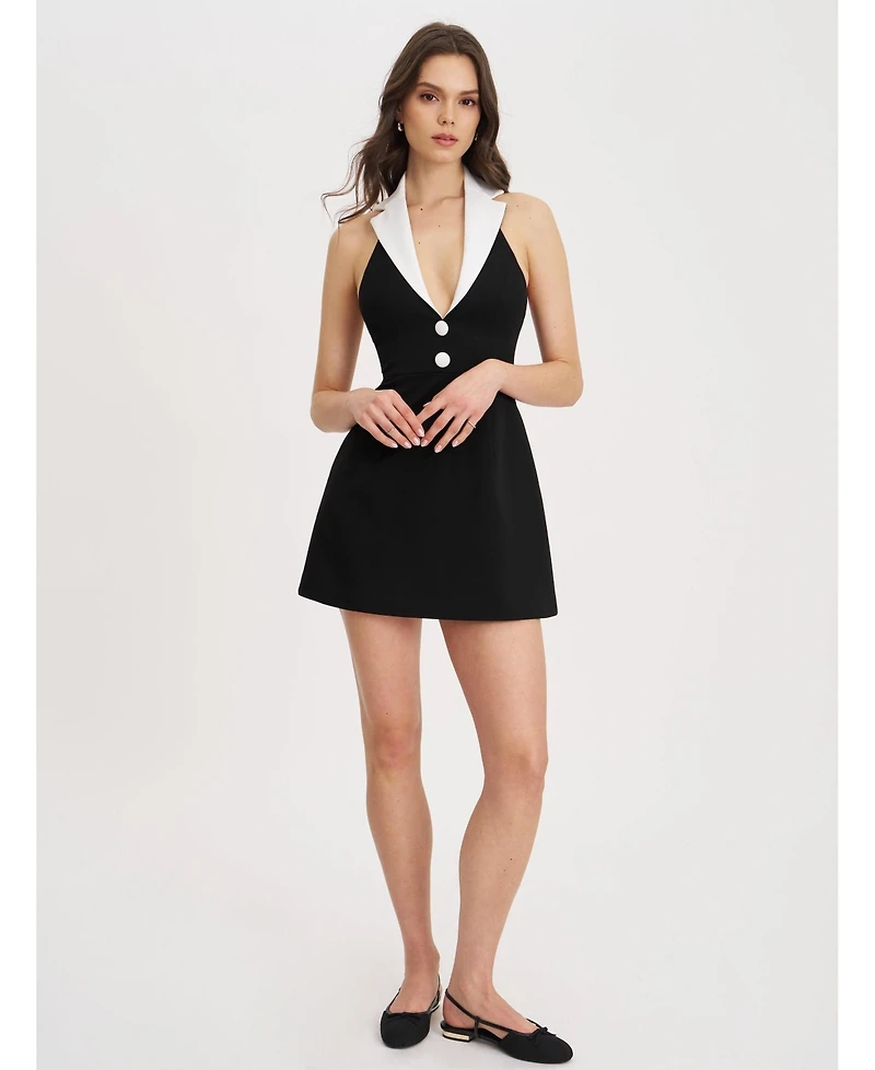 Miss Circle Women Ignacia Office Casual Black and White Halter Mini A-line Dress