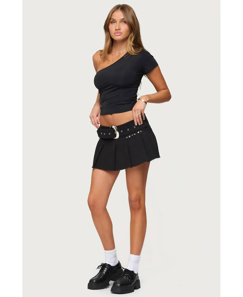 Edikted Womens Kore Belt Pleated Denim Micro Skort