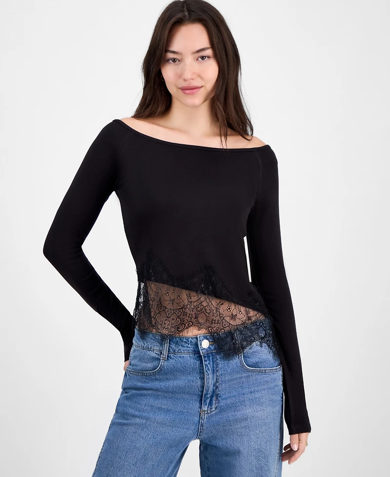 Just Polly Juniors' Asymmetric-Lace Boat-Neck Long-Sleeve Top