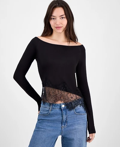 Just Polly Juniors' Asymmetric-Lace Boat-Neck Long-Sleeve Top