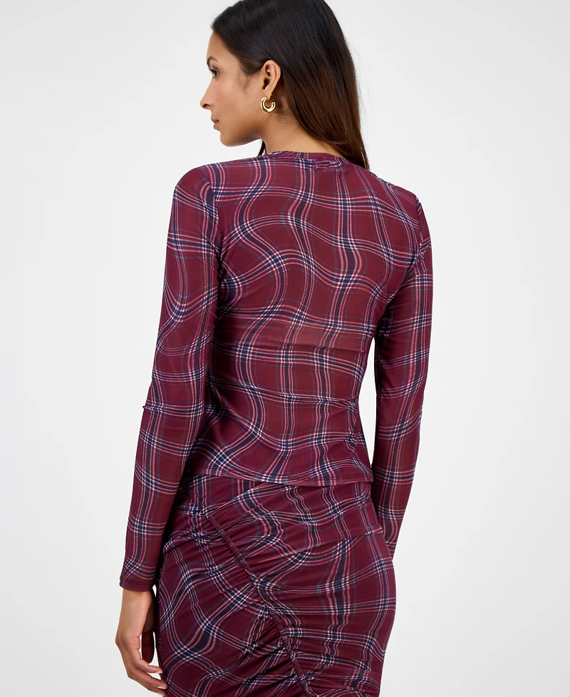 Bar Iii Women's Plaid Mesh Long-Sleeve Top, Macy's Exclusive