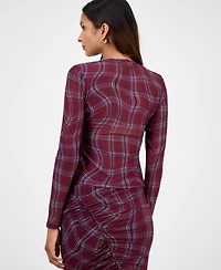 Bar Iii Women's Plaid Mesh Long-Sleeve Top, Macy's Exclusive