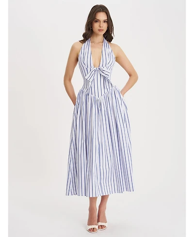 Miss Circle Women's Mackenna Navy Stripe Halter Smock Back Maxi Dress