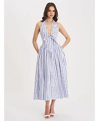 Miss Circle Women's Mackenna Navy Stripe Halter Smock Back Maxi Dress