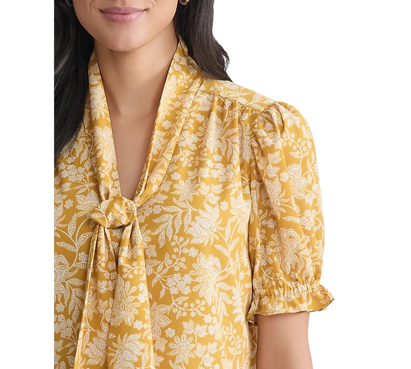 Jones New York Petite Printed Tie-Neck Puff-Sleeve Blouse