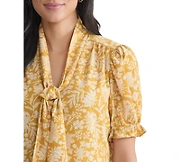 Jones New York Petite Printed Tie-Neck Puff-Sleeve Blouse