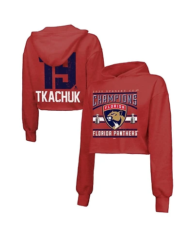 Majestic Women's Matthew Tkachuk Red Florida Panthers 2025 Stanley Cup Champions Name Number Cropped Tri-Blend Pullover Hoodie