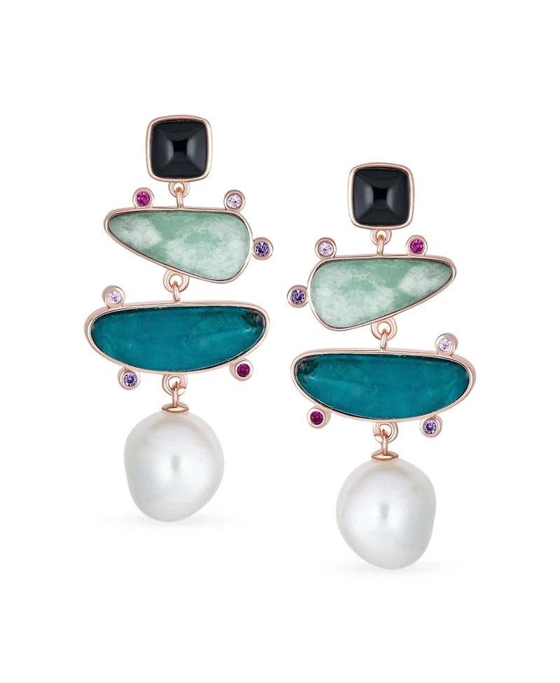 Bling Jewelry Boho Tri Tone Mixed Black White Blue Green Natural Apatite Modern Asymmetrical Abstract Off White Freshwater Cultured Baroque Pearl Dang