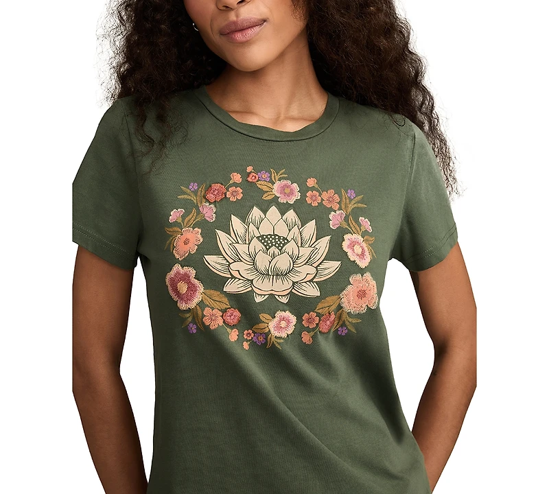 Lucky Brand Women's Embroidery Lotus Classic Cotton T-Shirt