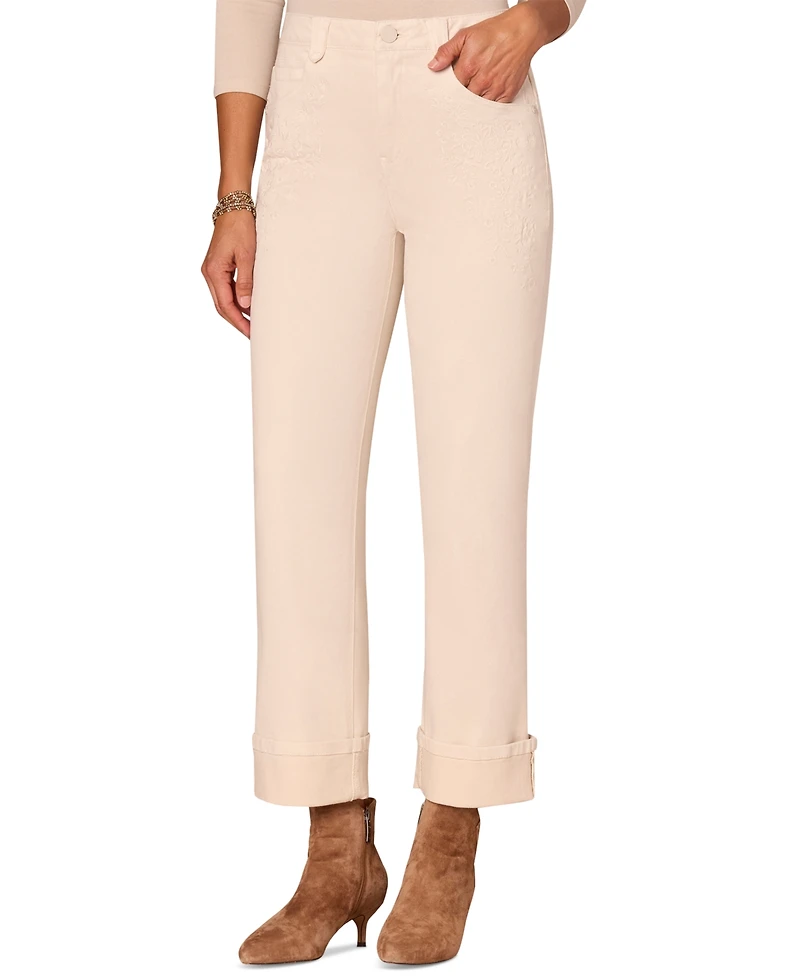 Democracy Petite "Ab"solution Embroidered High-Rise Round Up Boyfriend Jeans