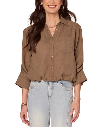 Democracy Petite Ruched-Sleeve Bubble-Hem Shirt