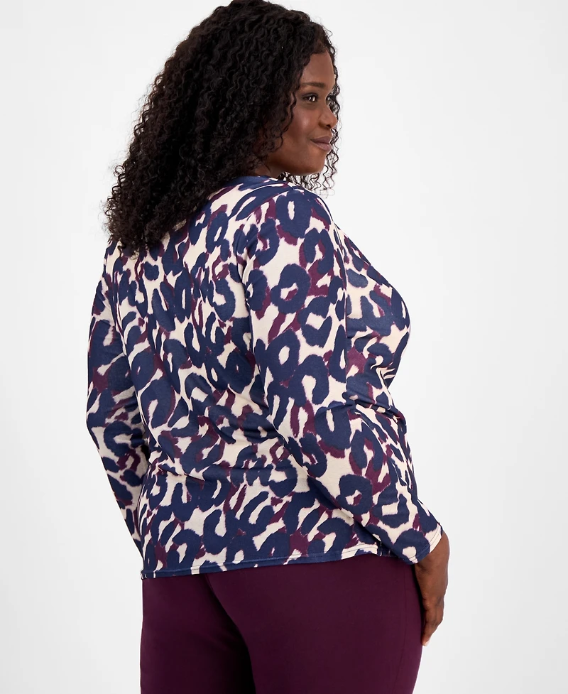 Tahari Asl Plus Abstract-Print Long-Sleeve Top