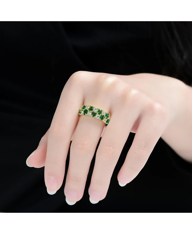 Genevive Sterling Silver 14K Gold Plated with Green & Clear Cubic Zirconia Band Ring
