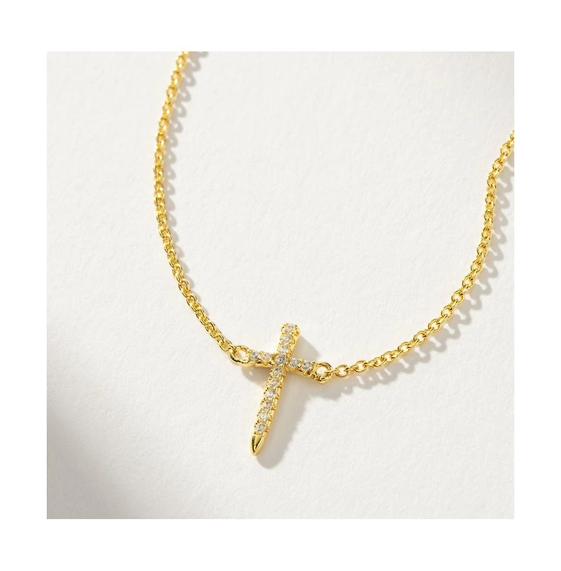 14K Gold-Plated Simple Cross Necklace, 14" + 2" extender
